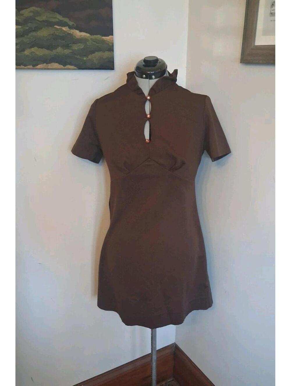 Vintage 60s Mini Dress, Ruffled Brown Polyester Handmade Mod Gogo Disco Dress